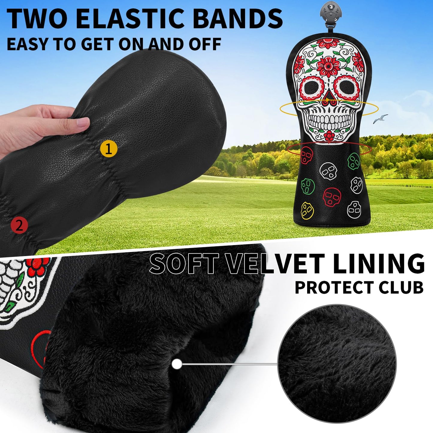 Golf Head Cover Golf Club Red Flower Skull Design Golf Covers PU Headcovers Set Fits Driver Fairway Wood Hybrid Utility Woods Iron Wedge Headcover.