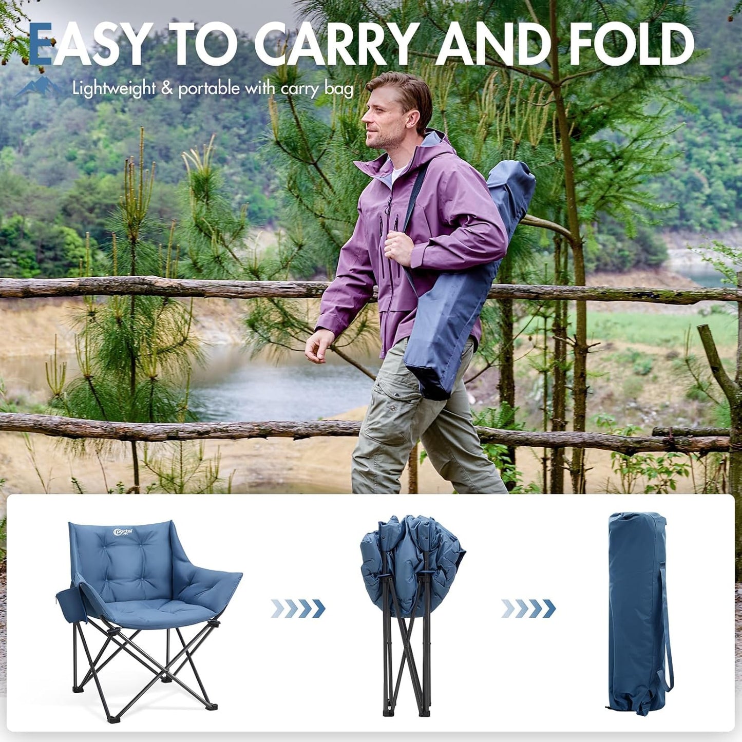 Portal Oversized Padded Camping Chair - Heavy-Duty Folding Design with Cup Holder & Side Pocket, Supports 350 lbs | Blue