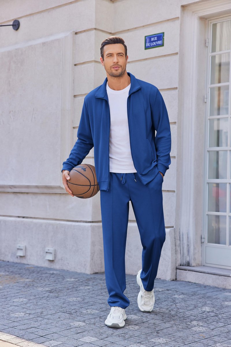 COOFANDY Blue Sweatsuit Mens Athletic Track Suits 2 Piece Set Plus Size Track Suit Long Sleeve Running Fashion Set