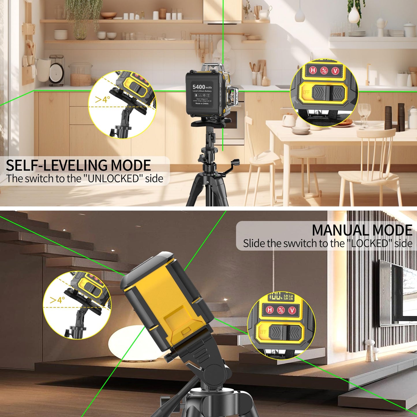 Laser Level 360 Self Leveling with Tripod, 200ft/60m working distance with vertical and horizontal lines, self-leveling mode&IP54 waterproof set