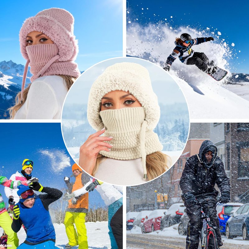 Sumolux 3 in 1 Beanie Hat for Women with Fleece Lined Scarf and Mask Outdoors Windproof Knitted Ski Mask Set