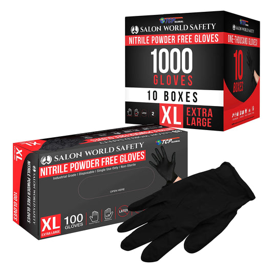 Salon World Safety Black Nitrile Disposable Gloves, 10 Boxes of 100, Size Large, 5.0 Mil - Latex Free, Textured, Food Safe