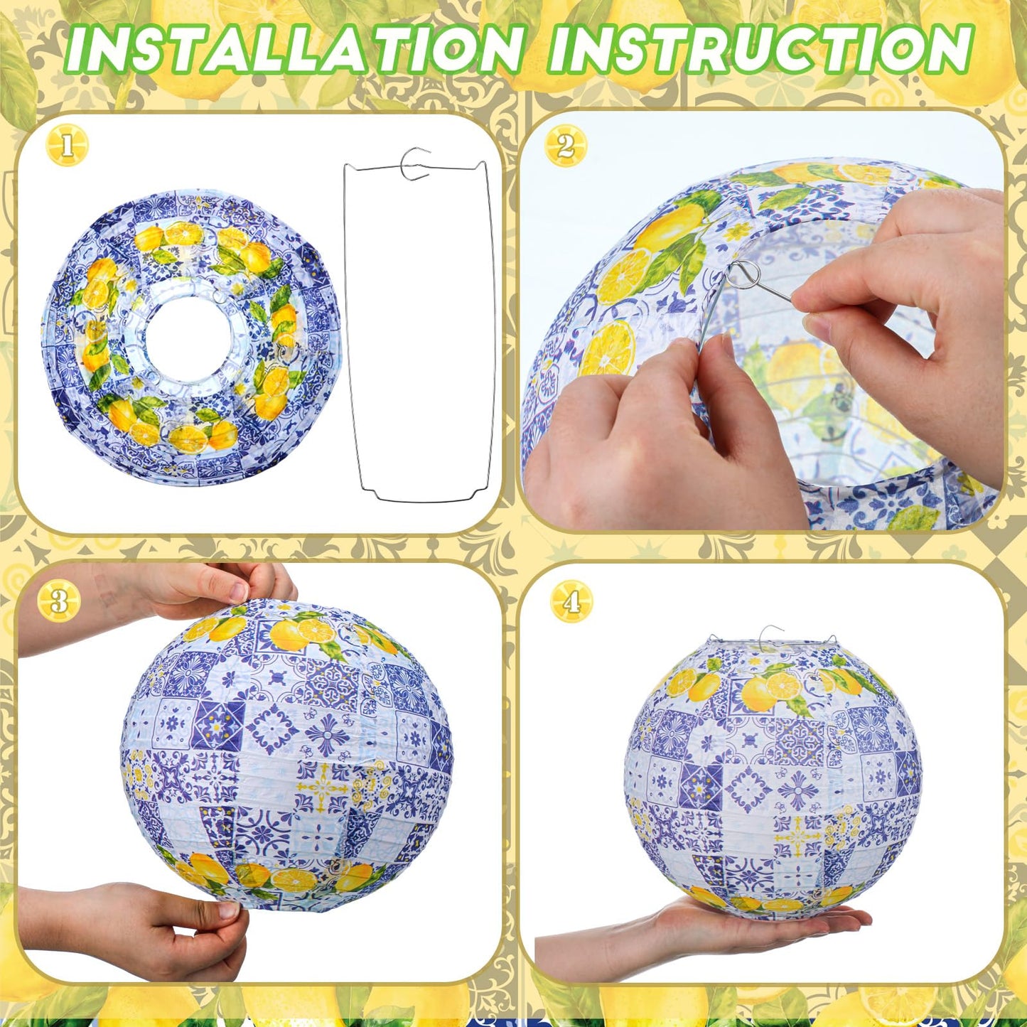 Retisee 12 Pcs 10'' Capri Lemon Pattern Paper Lantern Party Supplies for Bridal Shower Wedding Amalfi Coast Blue Yellow Tiles Mediterranean Party Paper Lantern Hanging Decor for Lemon Birthday