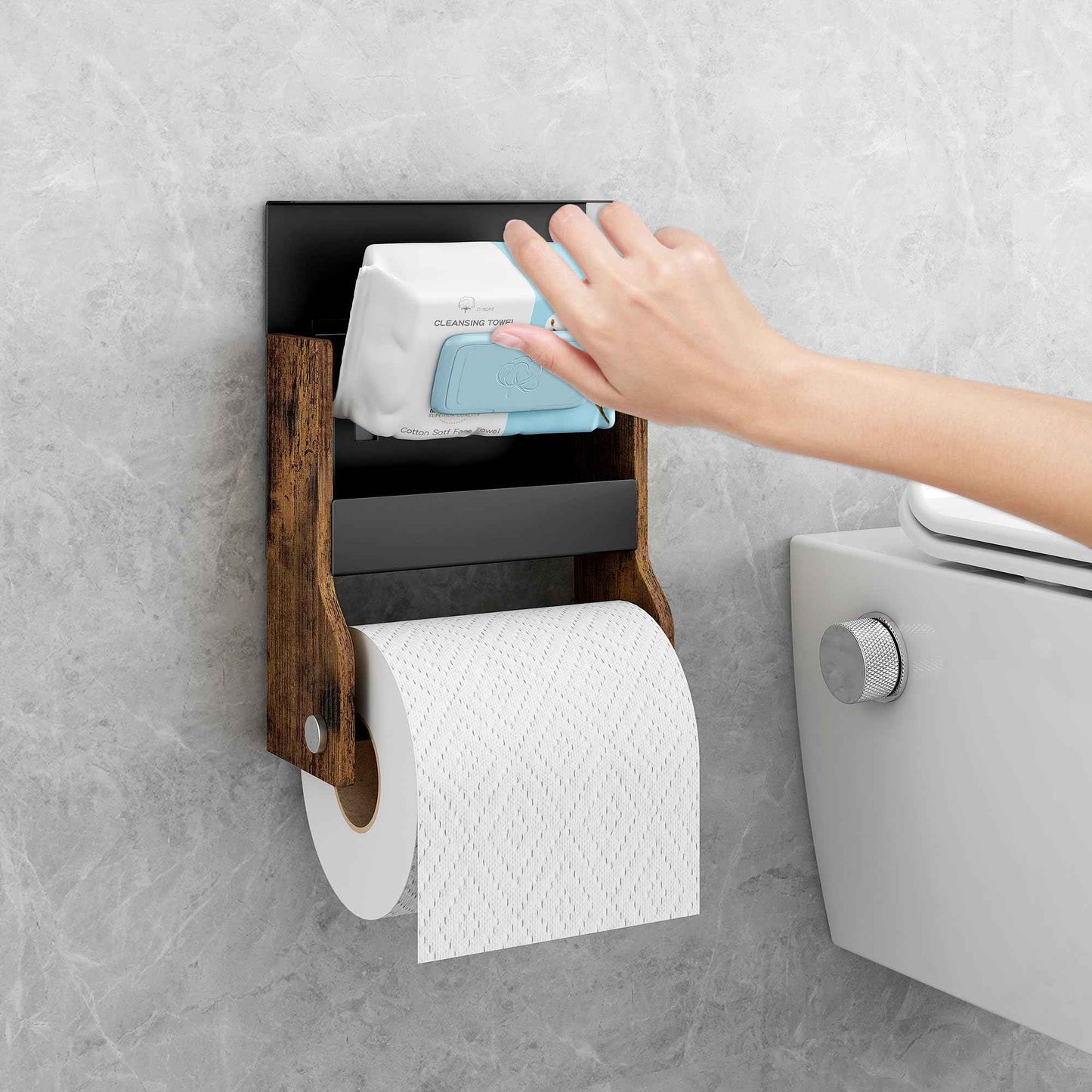 TQVAI Toilet Paper Roll Holder Wall Mounted Self Adhesive No Drill Magnetic Toilet Paper Storage with Wipes Holder for Bathroom, Restroom, Kitchen, Regular Super Double Mega Roll - Vintage/Black