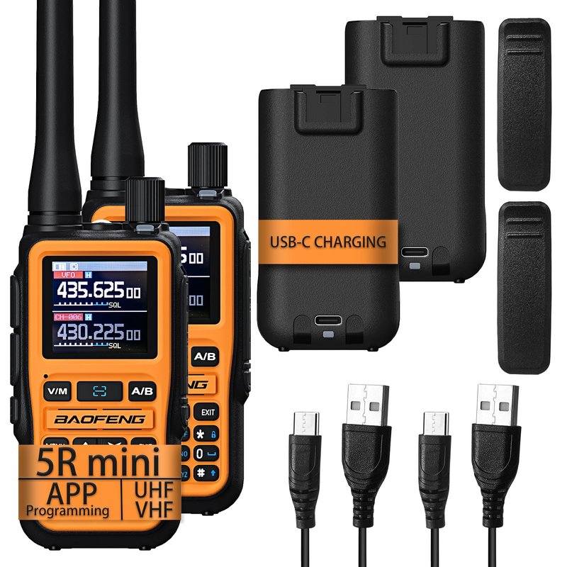 BAOFENG uv-5r mini Ham Radio,uv5r mini Handheld App Programming Walkie Talkies with 5W Power,Copy Frequency,999 Channels,USB-C Charging (Orange-2PACK)