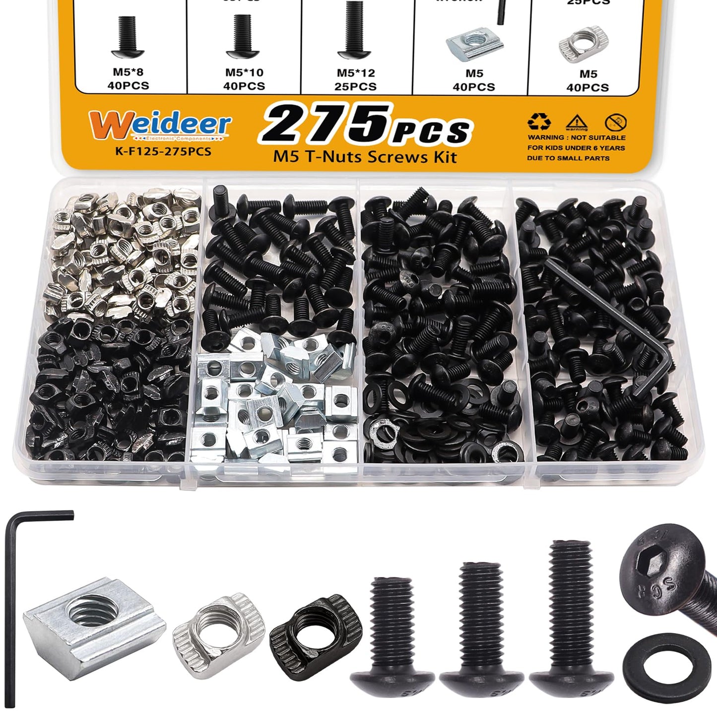 weideer 275PCS M5 T-Nuts Screws Assortment Kit,M5 T-Sliding Nut Hexagon Socket Screw T-Nuts Washers for Mlok Screws and Nuts Replacement Sets for 2020 Series Aluminum