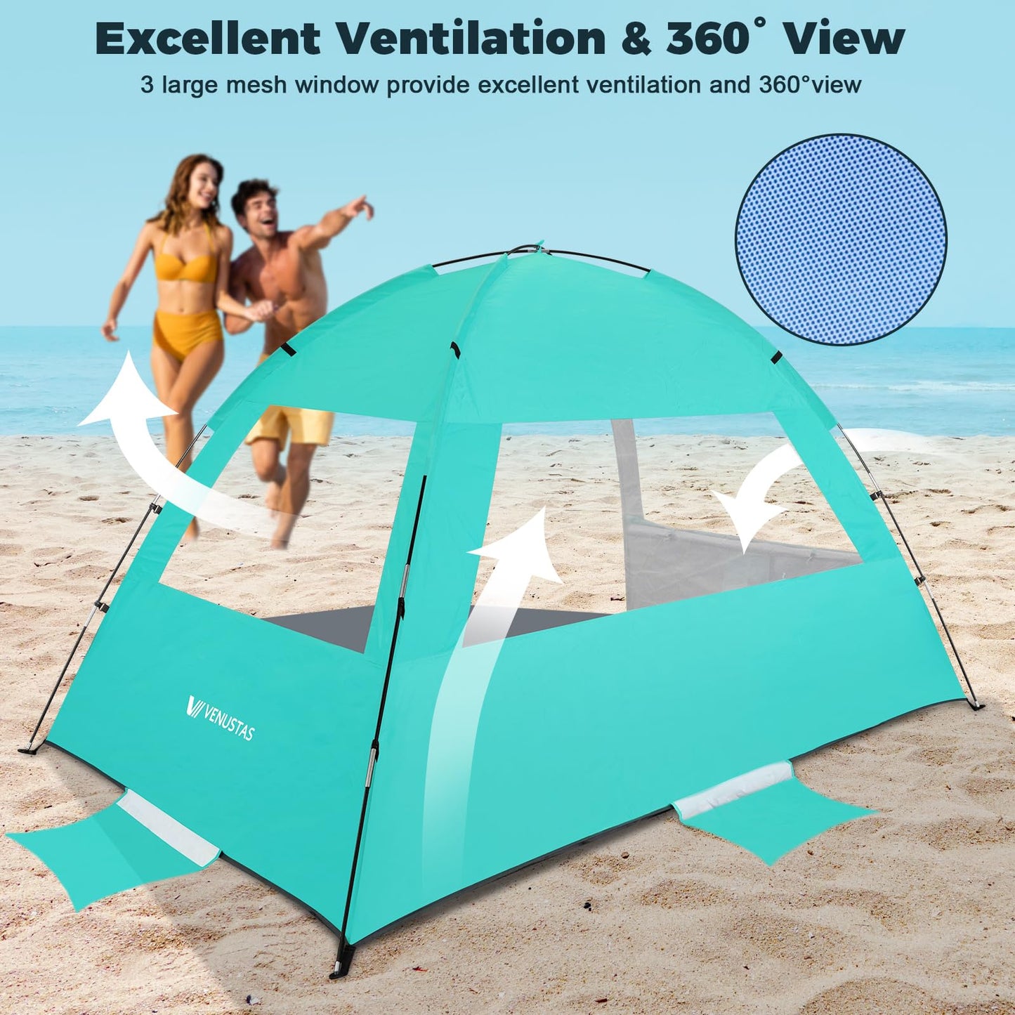 Venustas Beach Tent Sun Shelter for 3/4/6/8 Person, UPF 50+ UV Protection Beach Canopy, Lightweight and Easy Setup Cabana, Portable Beach Shade Tent
