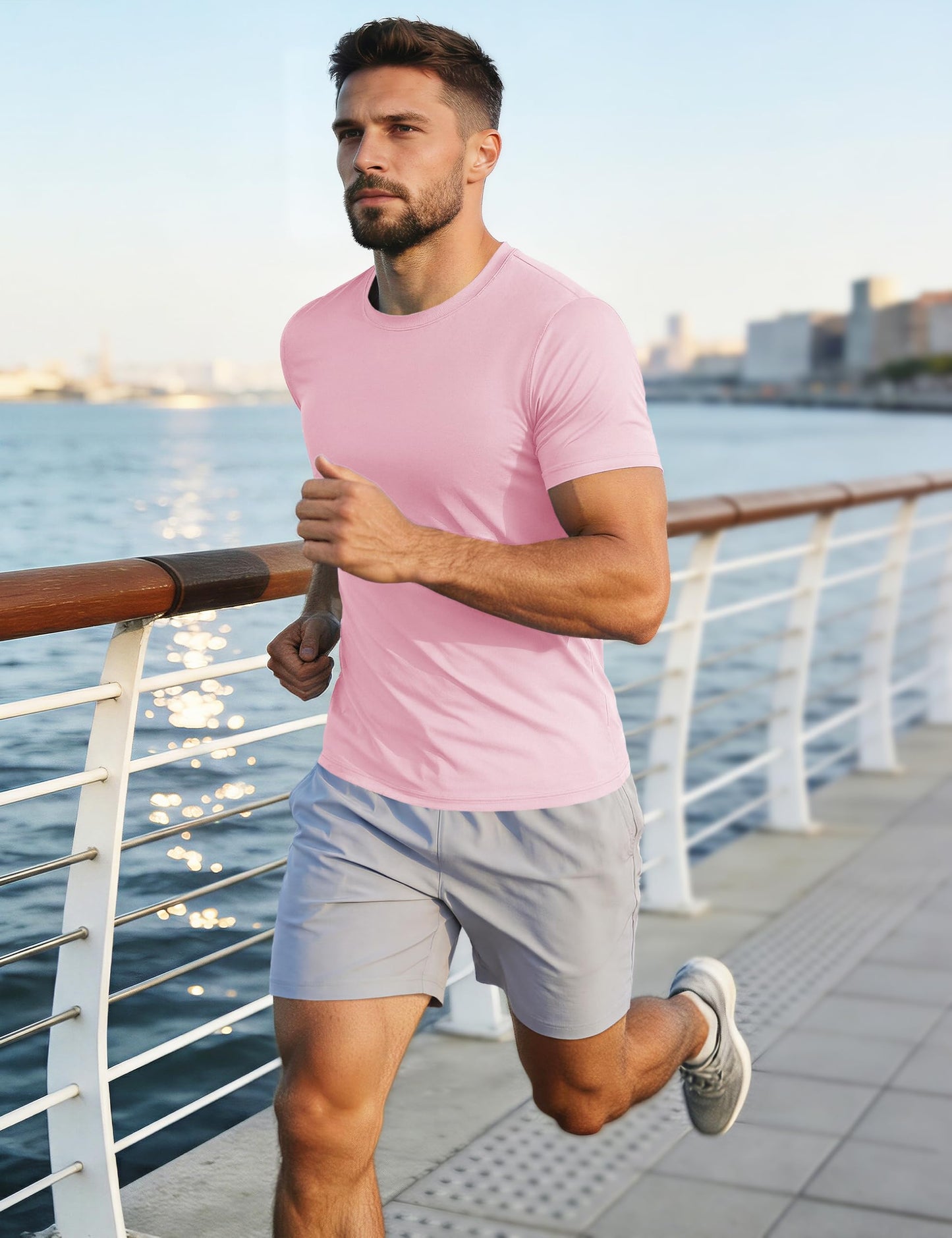 Mens Quick Dry T-Shirt - Short Sleeve Running Shirt - Sun Protection - Active - Light Pink M
