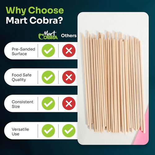 Mart Cobra Wooden Dowel Rods - 200 Pack | 1/8" x 6" Precut Birch Hardwood Craft Sticks - Smooth & Food Safe