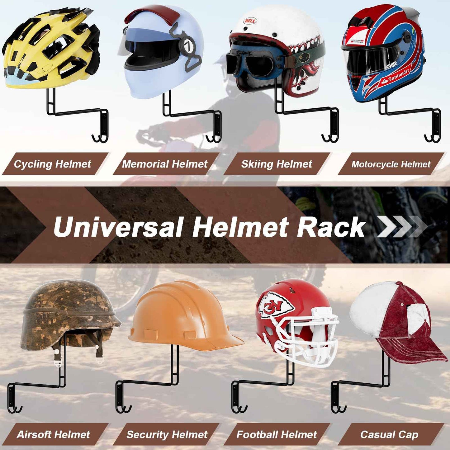 NANAGIFTREE Helmet Holder Wall Mount, 2 Pack Motorcycle Helmet Rack, Helmet Hanger Rack Motorcycle with 2 Hooks Helmet Hanger for Motorcycle Bike Coats, Caps, Baseballs and Rugby Helmet