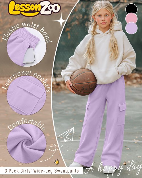 LessonZoo 3 Pack Girl's Lightweight Wide Leg Sweatpants Cargo Pants Baggy High Waisted Joggers Teen Girl Pants with Pockets(Light Purple, Pink, Black,9-10 Y)