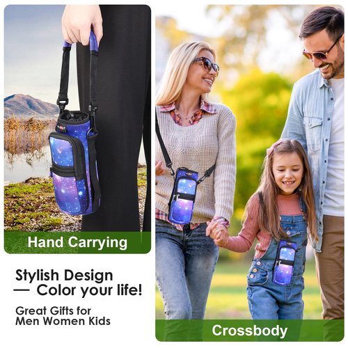AUPET Water Bottle Sling Bag Sleeve Holder Carrier 25/32/40/64 oz,Insulated Crossbody Water Bottle Case Cover with Strap and Pockets for Men/Women Walking Hiking Camping (32oz, Purple Starry Sky)
