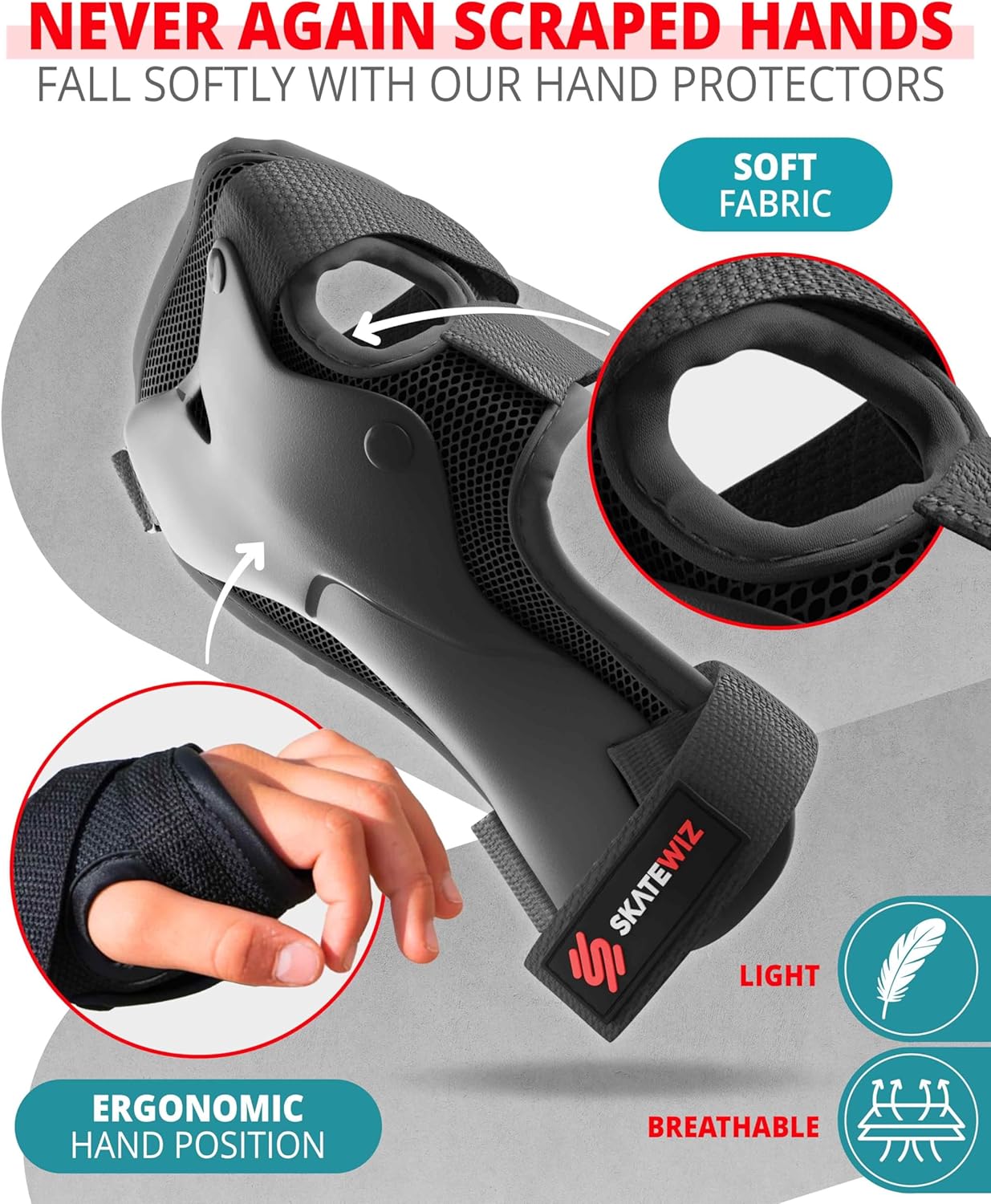 SKATEWIZ Skateboard Pads | Protective Gear Set for Kids & Adults - 6pc Roller Skate Pads with Wrist Guards