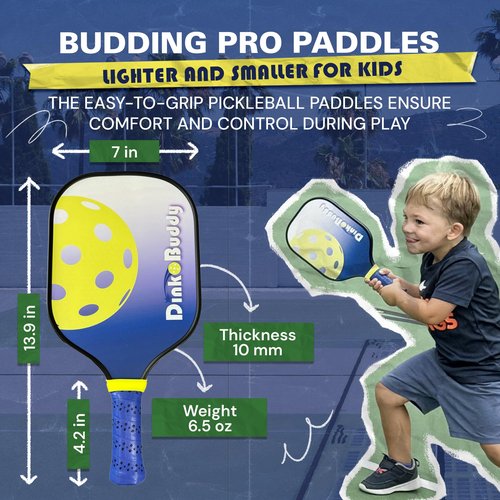 Dink Buddy - 2-in-1 Budding Pro Pickleball Kiddie Set, Complete with 4 Kelso Balls, 2 Mini Pickleball Paddles, & 1 Child-Sized Drawstring Backpack
