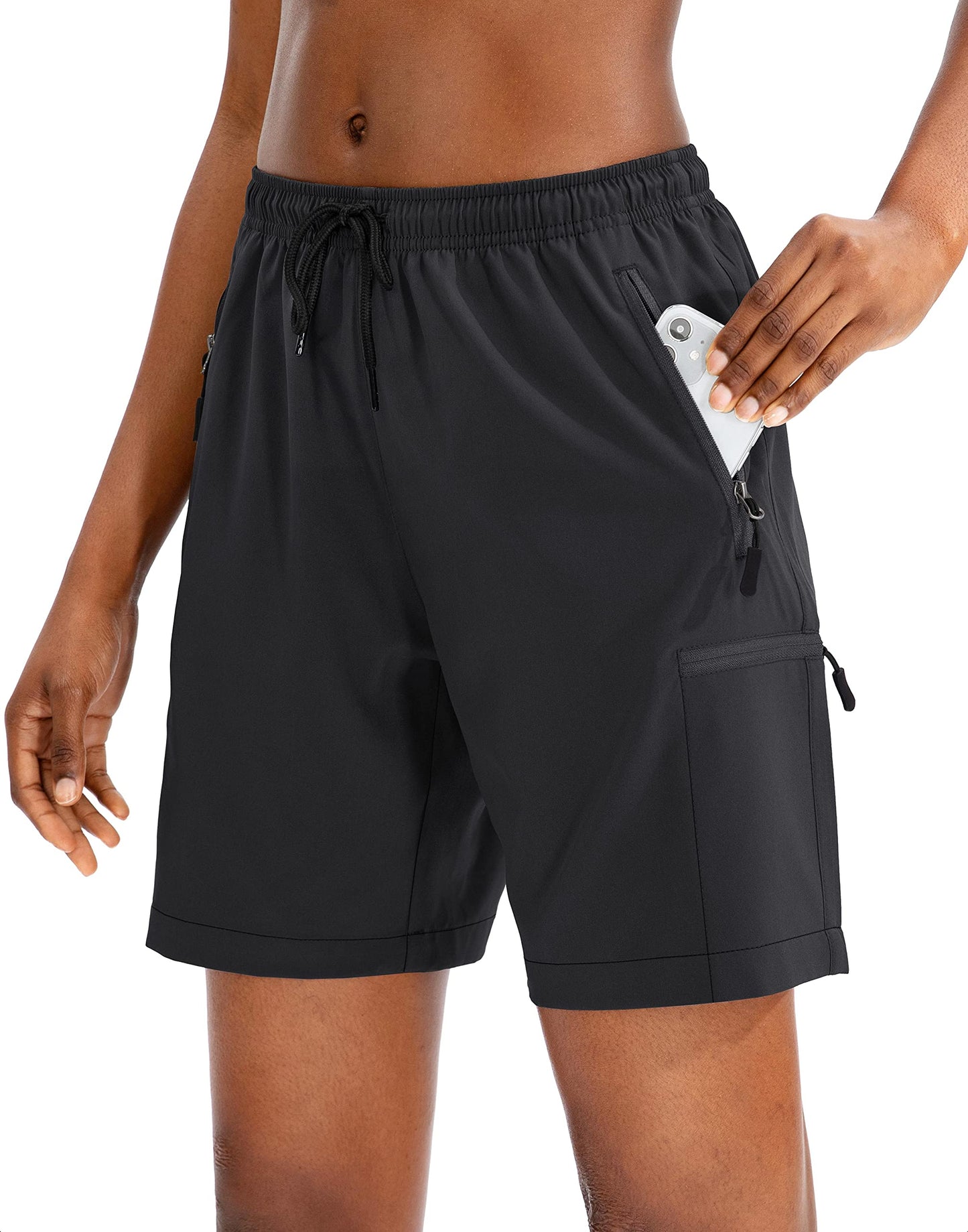 SANTINY Women's 5''/ 7''/9'' Hiking Cargo Shorts Quick Dry Lightweight Summer Shorts for Women Athletic Golf Zipper Pockets(Black_M)