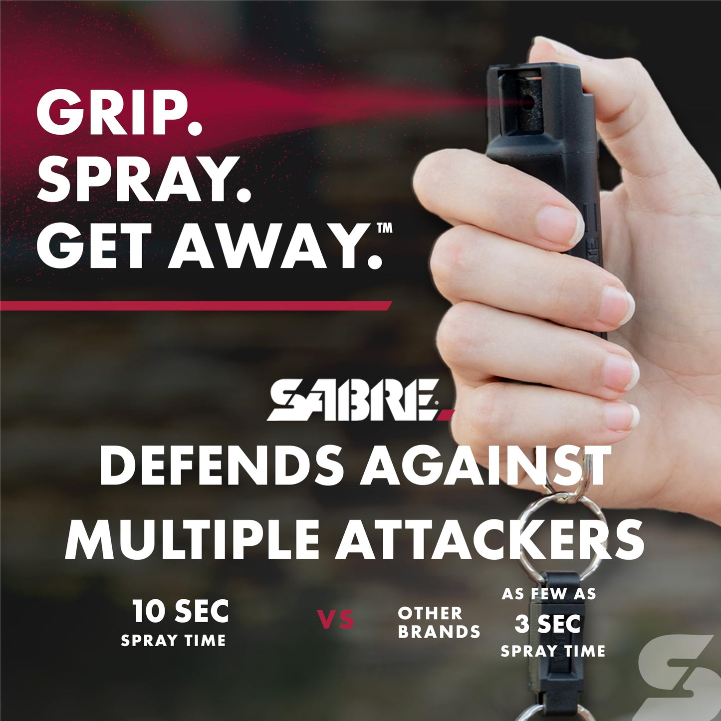 SABRE 3‑in‑1 Defense Pepper Spray with Tear Gas & UV Marking Dye - Twist-Lock Safety, Quick-Release Keychain, Maximum Strength OC for Self Defense, 14-ft Range, 10 Second Spray Time, 0.54 fl oz