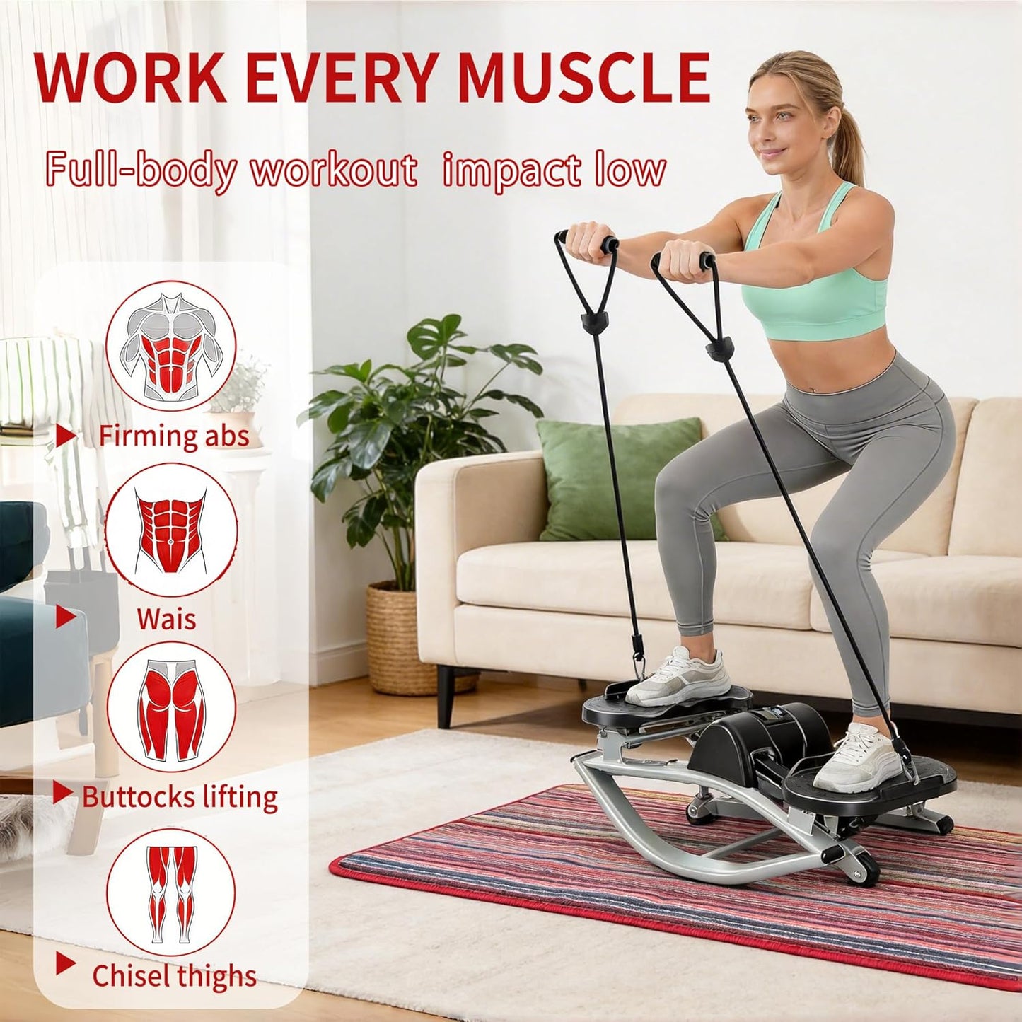 Rock Stepper Lateral Workout Machine - Low Impact & Quiet Exercise Equipment, 330LBS Capacity with Resistance Bands & Non-Slip Mat