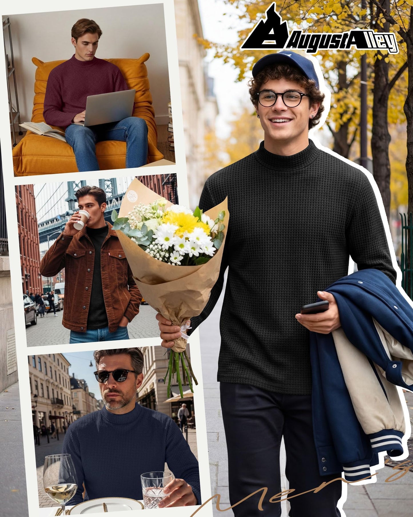 August Alley 3 Pack Men's Waffle Thermal Shirts Long Sleeve Mock Turtleneck Underwear Tops Pullover Undershirts Base Layer(Black, Navy Blue, Wine Red,Large)