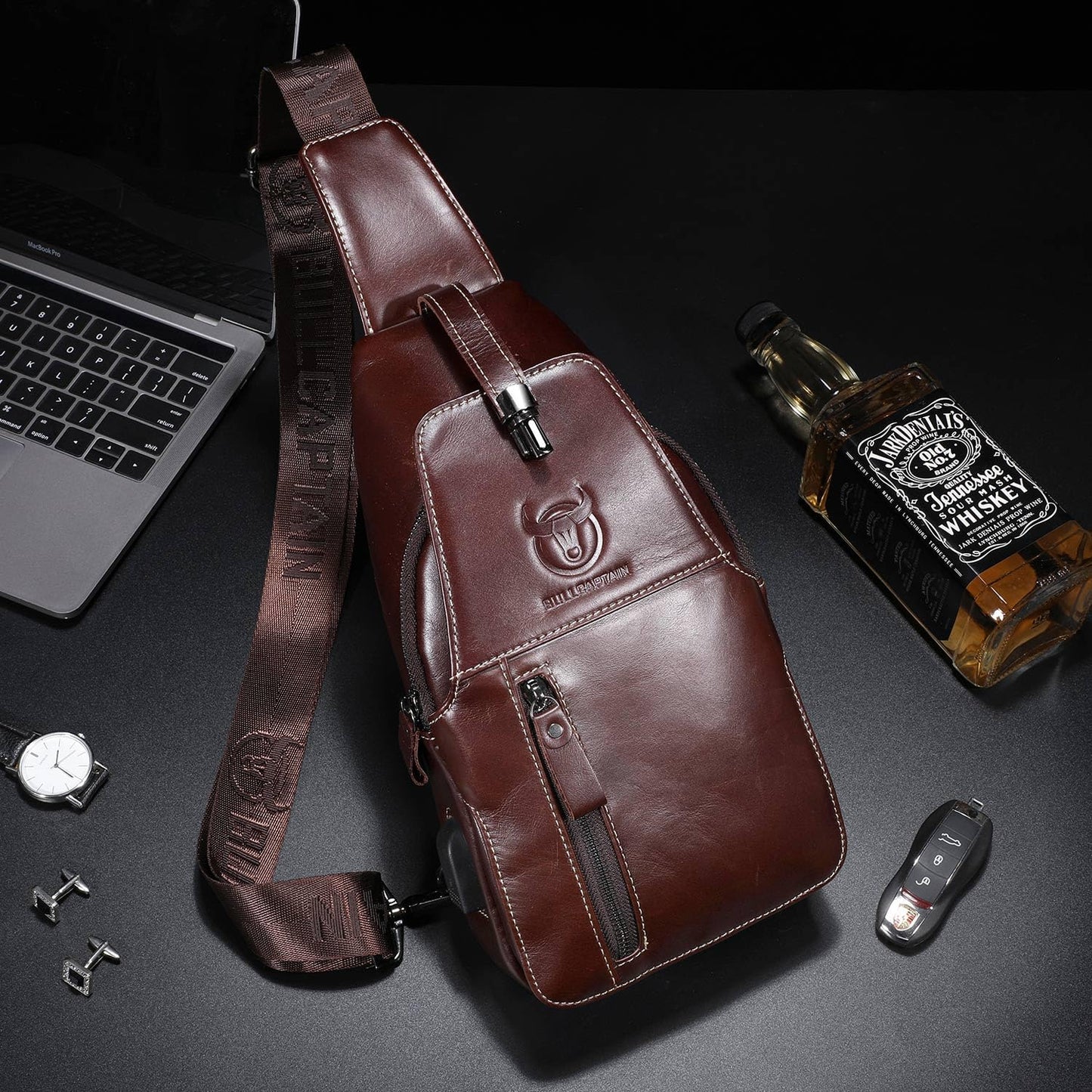 Genuine Leather Sling Bag Mens Crossbody Backpack for Hiking Casual Daypack Shoulder Chest Bag with USB Charging Port (Coffee)