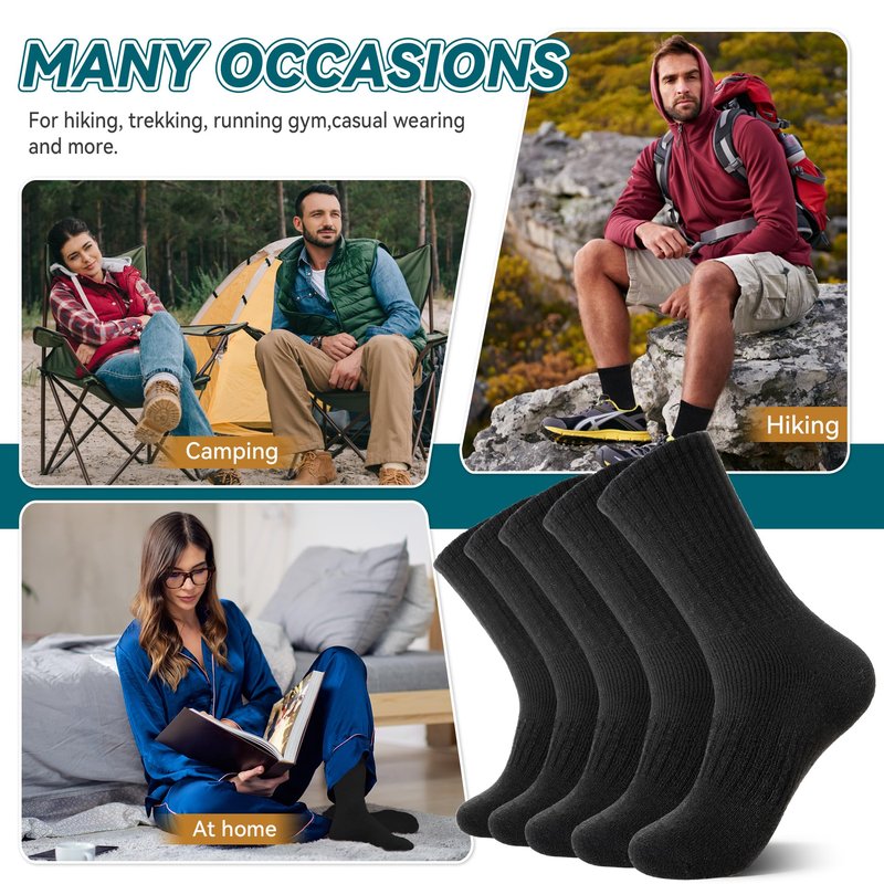 Eocom Merino Wool Hiking Socks for Women & Men Thermal Winter Warm Thick Cushion Crew Work Boot Socks 5 Pairs(5 Pairs Black, Medium)