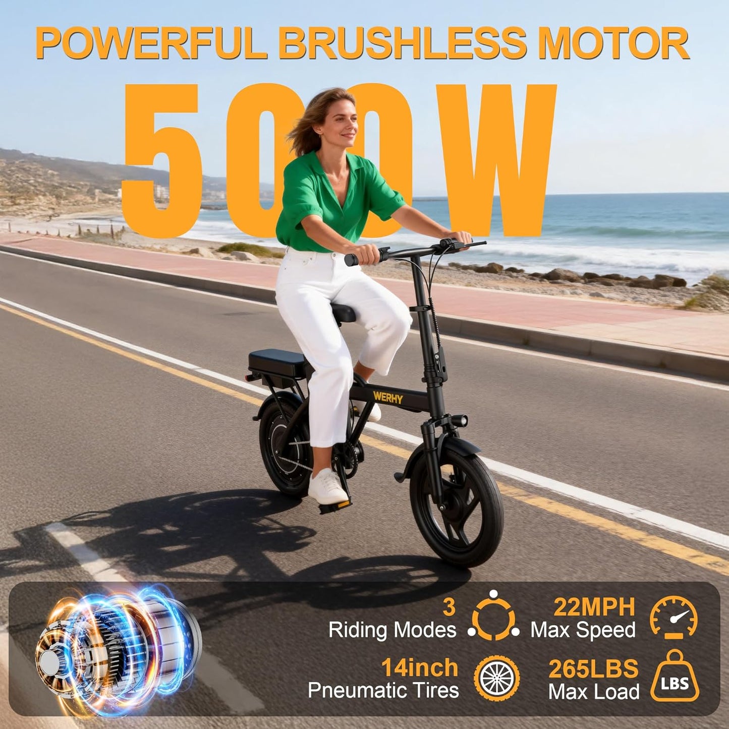 WERHY Electric Bike - 500W Motor, 22 MPH Max Speed, Folding Design, 14" Mini E-Bike, 30/40/50 Miles Range
