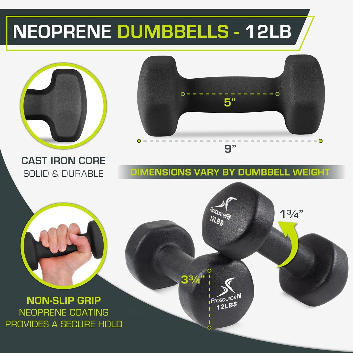ProsourceFit Neoprene Dumbbells - Non-Slip Grip for Comfortable Weight Training | Multiple Sizes Available