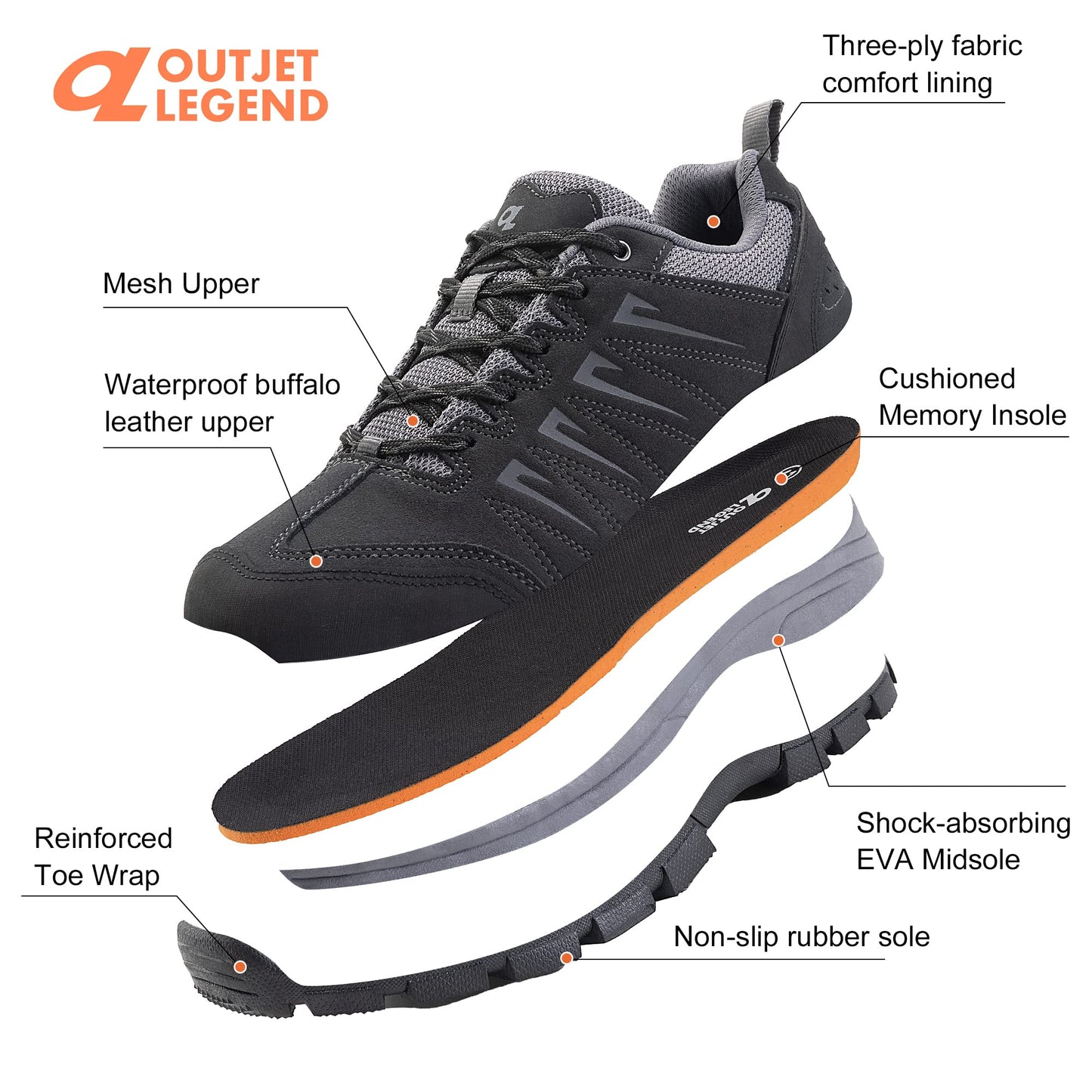 OL OUTJET LEGEND Men's Waterproof Hiking Shoes Leather Comfortable Lightweight Anti-Slip Outdoor Walking Work Sneakers Black