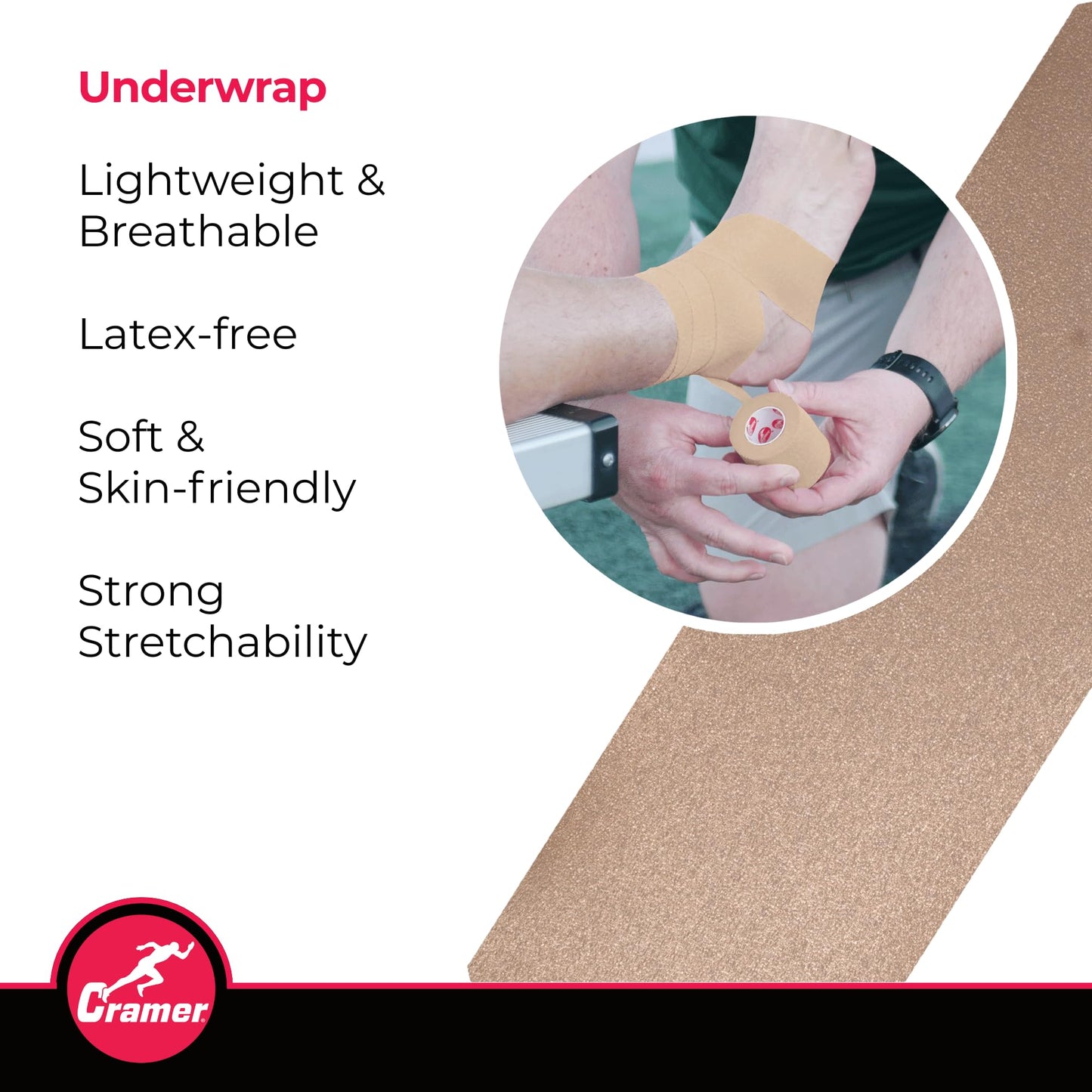 Cramer Tape Underwrap, Bulk Case of 48 Rolls of PreWrap for Athletic Taping, Hair Tie, Headband, Patellar Support, Athletic Tape Supplies, 2.75 X 30 Yard Beige