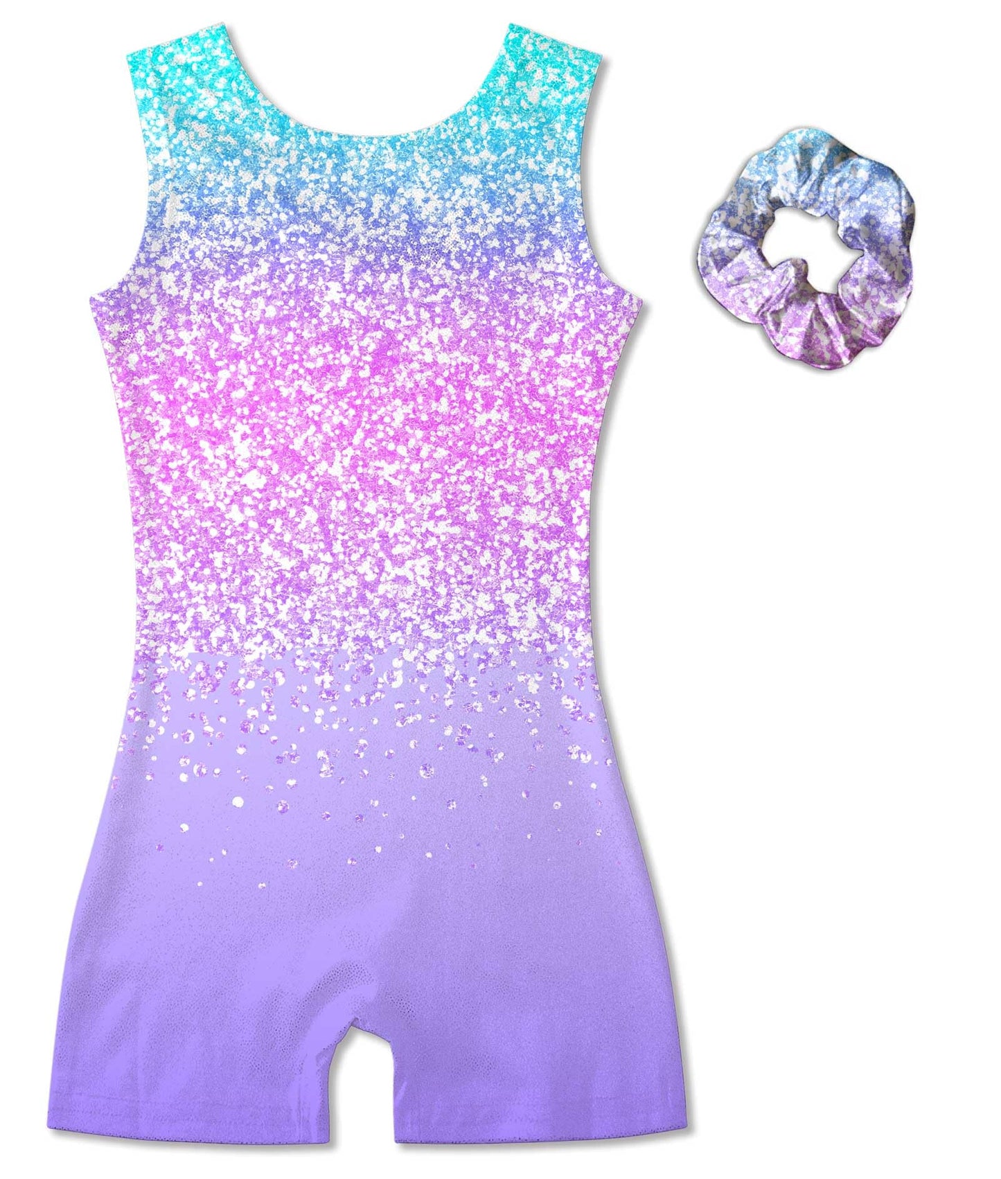 Vogseek Girls Gymnastics Leotards Size 12 2PC Blue Purple Sparkle Dots Ballet Dancewear Biketards Sets with Matching Hairs Scrunchie Drift Quick Dry Activewear Unitards