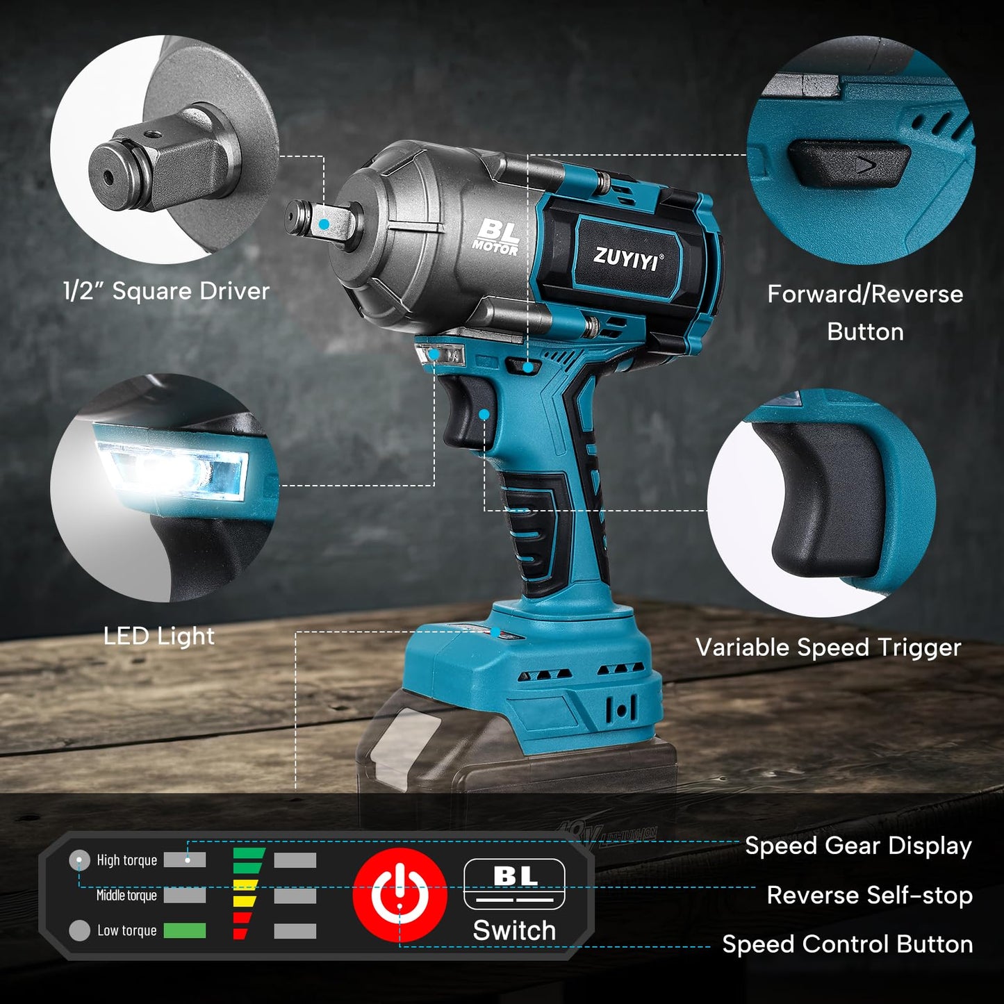 ZUYIYI 1/2" Cordless Impact Wrench for Makita 18V Battery(NOT Included), 1000N.m(738FT-lbs) High Torque Power Impact Gun, Electric Brushless Impact Driver for Car Tire Truck RV Mower