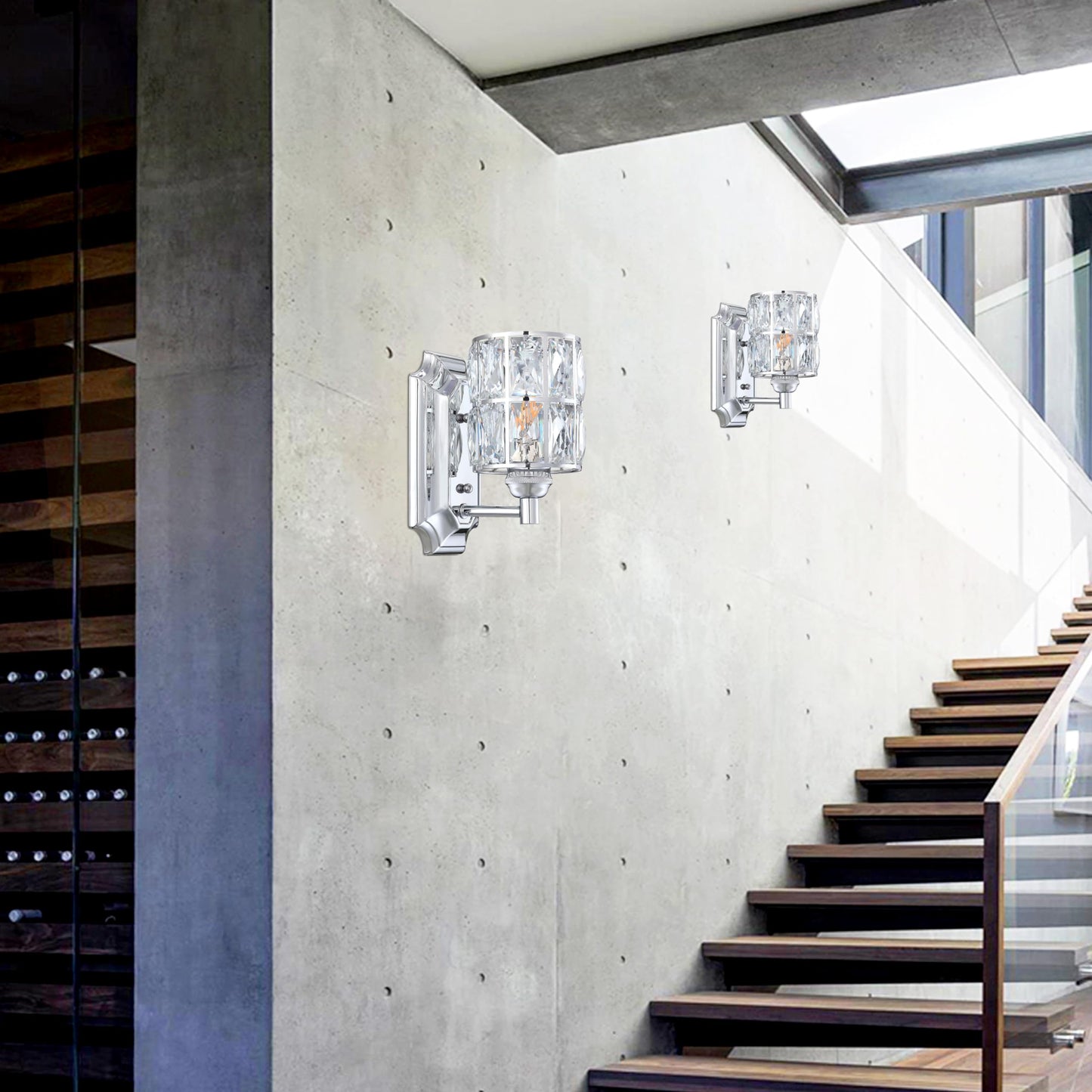 2 Pack 1 Light Crystal Wall Sconce Lighting with Chrome Finish,Modern and Concise Style Wall Light Fixture Polyhedral Crystal Shade for Bathroom, Bedroom Living Room Kitchen Island