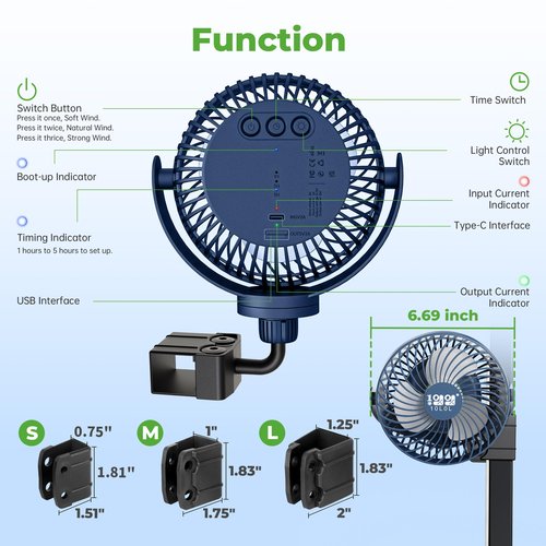 10L0L Golf Cart Fan for All Golf Carts With 56Hrs Runtime - 8000mAh Battery, 3-Speed Cooling, Built-in LED Light, Power Bank Function - Stable ABS Design
