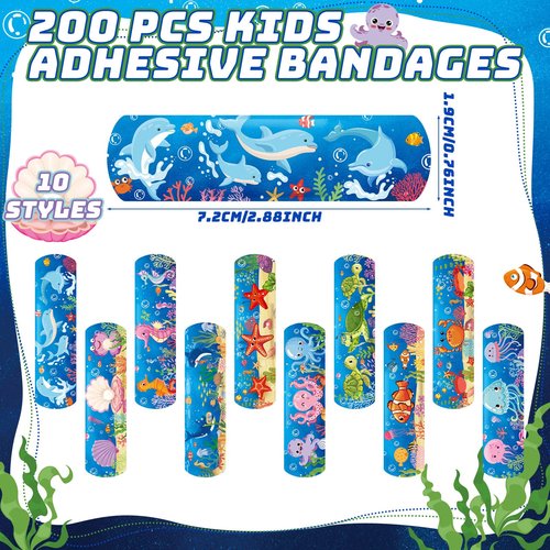 200 Pcs Kid Bandages Bulk Cute Cartoon Bandage Children's Adhesive Flexible Colorful Strip Waterproof Breathable PE Stickers Protection Care Cuts for Ocean Under Sea Party Girl Boy