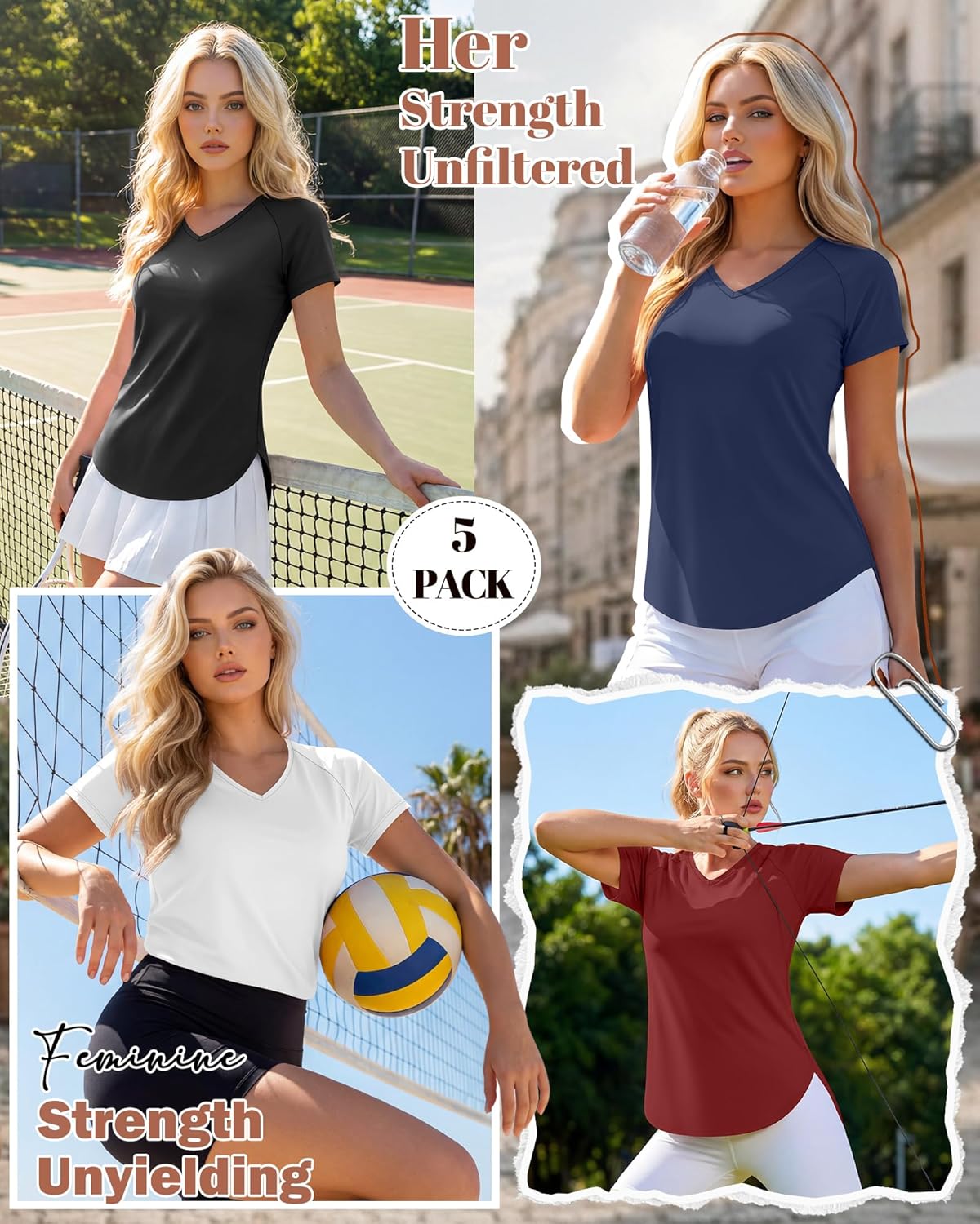 Skiennix Women's Quick-Dry Workout T-Shirts - UPF 50+ Sun Protection | V-Neck, Side Slits, Curved Hem - 5 Pack