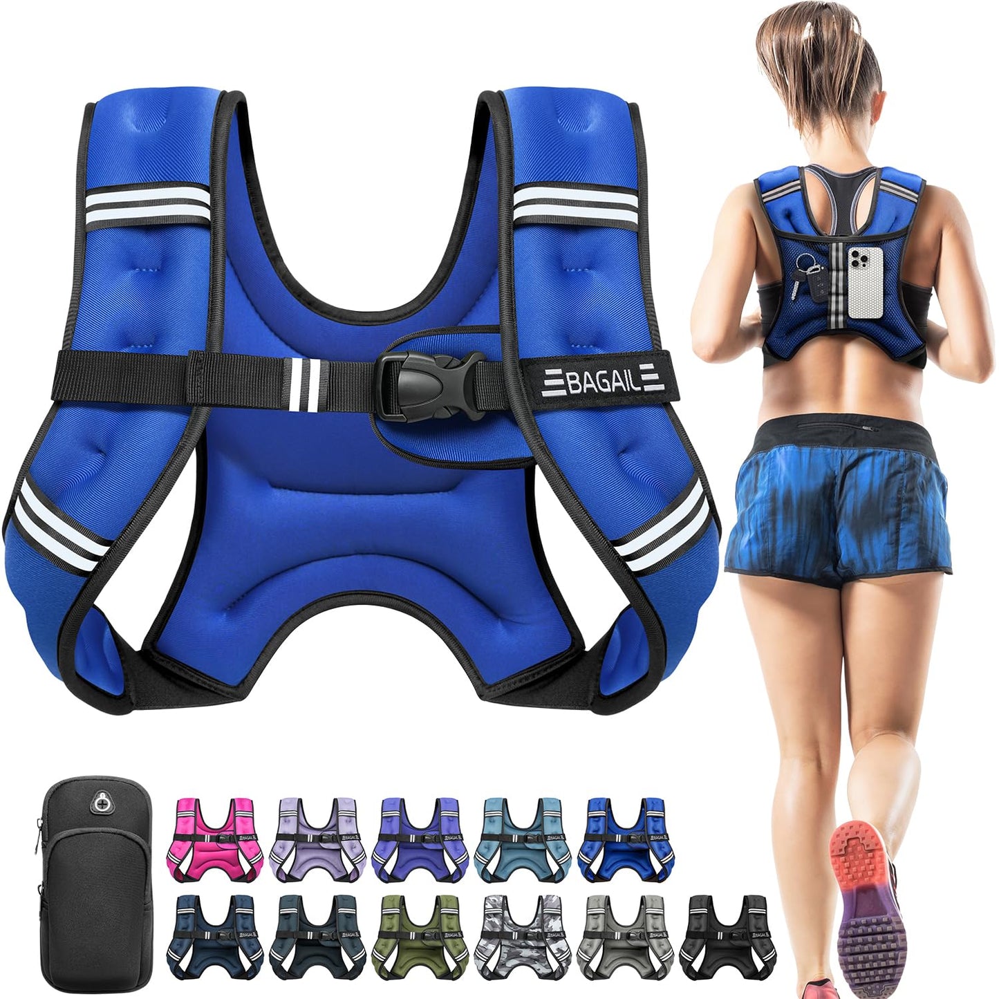 BAGAIL Comfort-Fit Weighted Vest for Woman, Even Weight Distribution, Faster Weight Loss, No-Chafe or Bounce for Walking & Running with Detachable Phone Pouch & Reflective Stripes (Available 5-30lbs)
