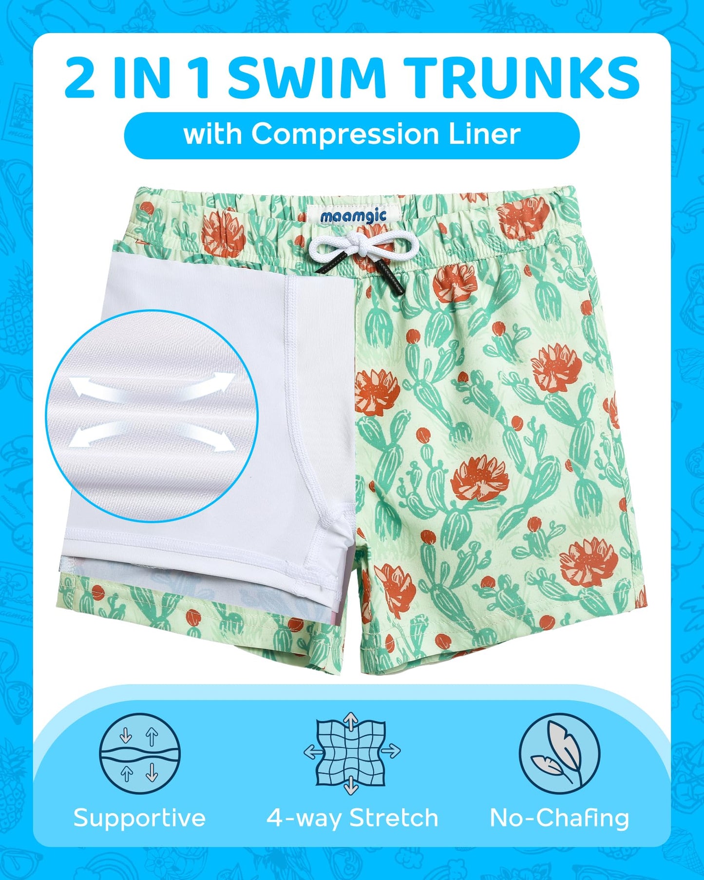 maamgic Boys Swim Trunks with Compression Liner 4-Way Stretch Quick Dry Swim Shorts Swimming Trunks Toddler Boy Cactus Flower Green 8 Years