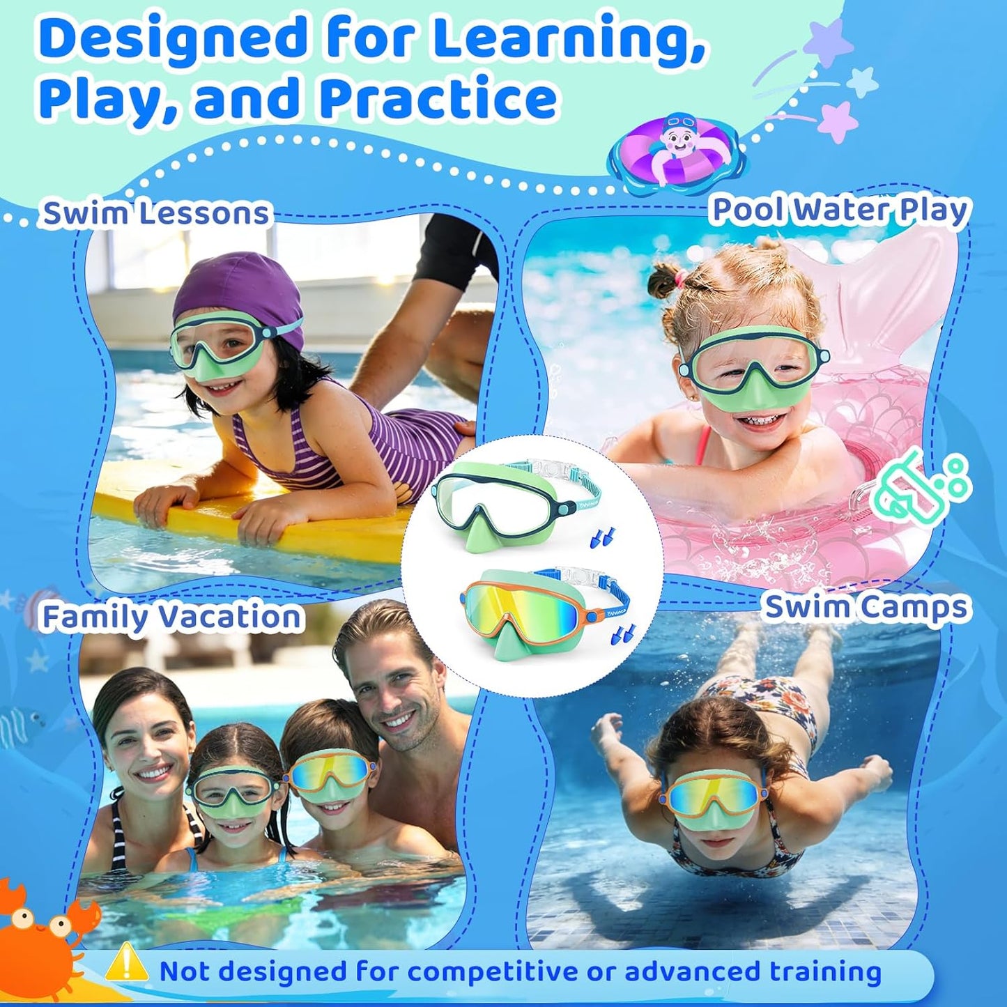 Vvinca Kids Swim Goggles - Anti-Fog UV Protection with Nose Cover | 2 Pack for Ages 3-14