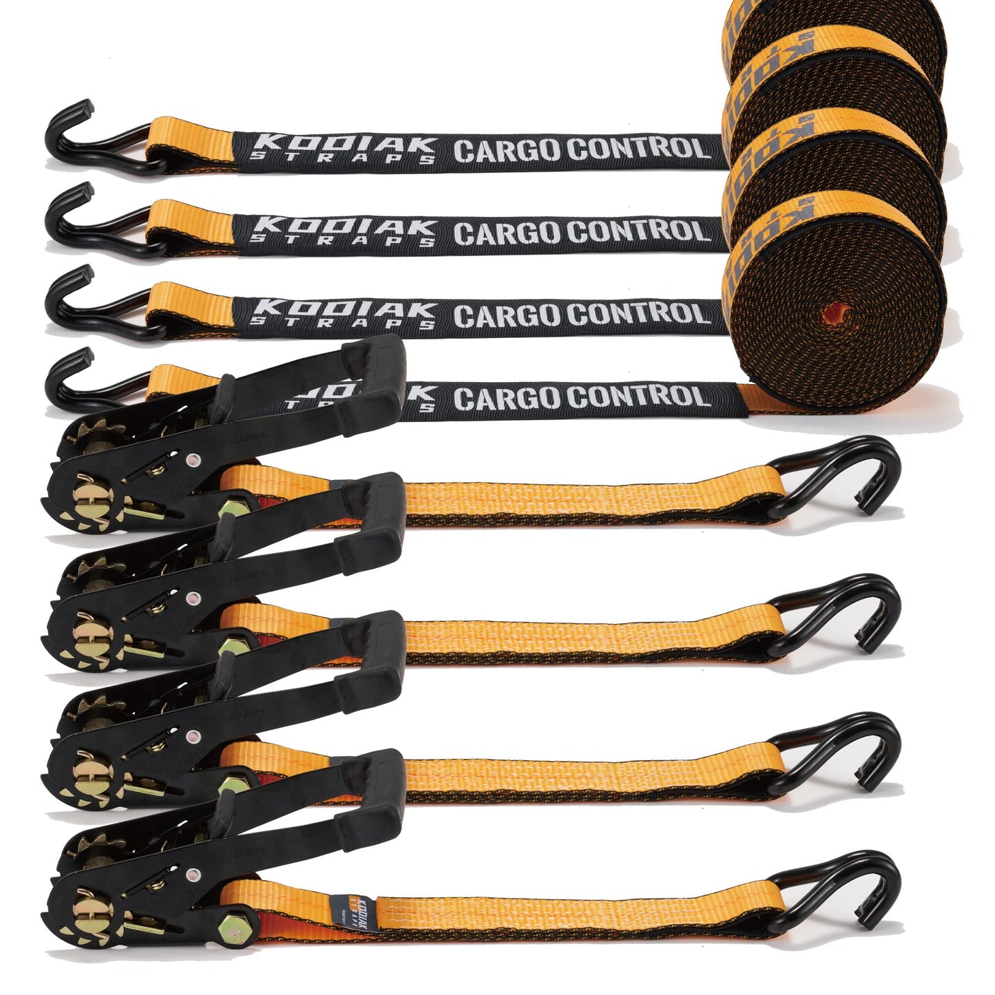 4 Pack Heavy Duty 2" x 27' Ratchet Tie Down Straps with Wired J Hooks - 10,000 LBS Break Strength for Truck & Trailer Cargo Control KODIAK STRAPS