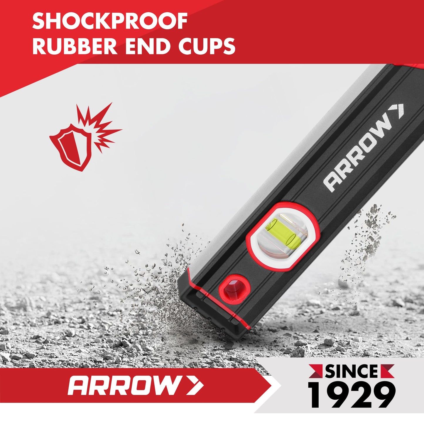 ARROW 16-Inch Level, Magnetic Torpedo Level with 45°/90°/180° Bubbles, Aluminum Alloy Body, Precision-Machined Base, Shockproof Rubber End Caps, V-Groove & Hanging Hole for Construction, Carpentry