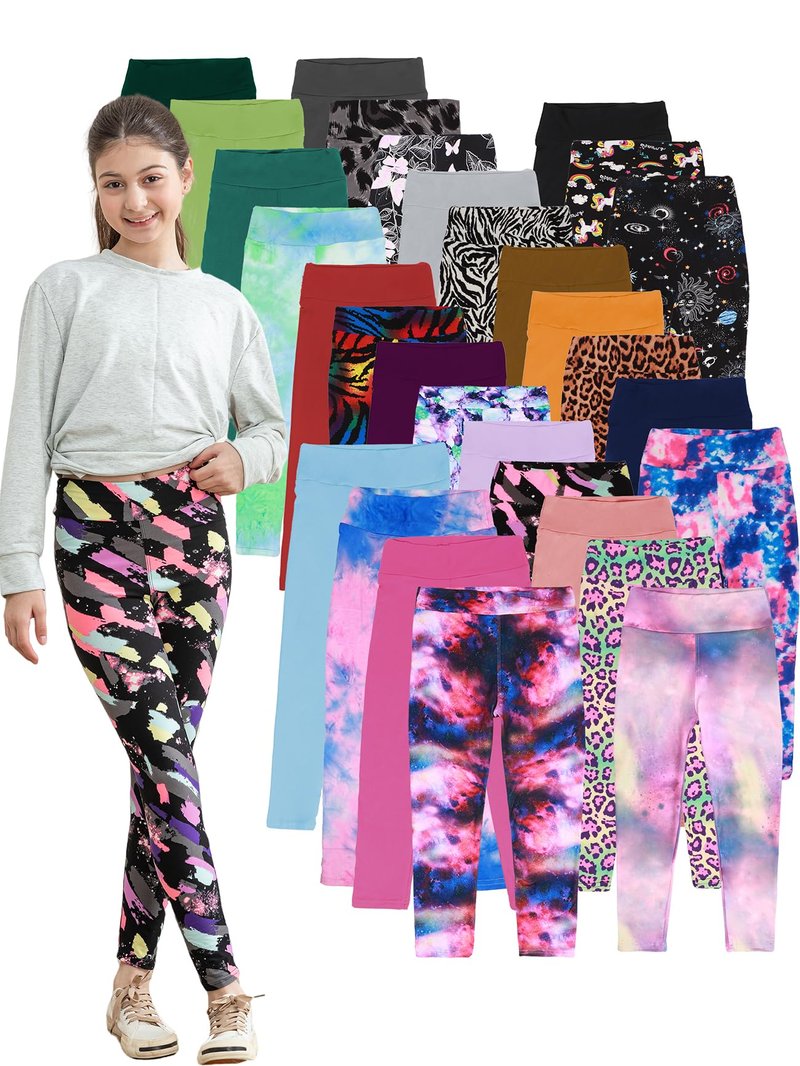 SOFTMILK Girls Prints Leggings High Waist Tie Dye Toddlers' Fashion Leggings Size 4-11Y,Stretchy Tight Pants, Multipacks (US, Age, 7 Years, 8 Years, Random Print 5-Pack)