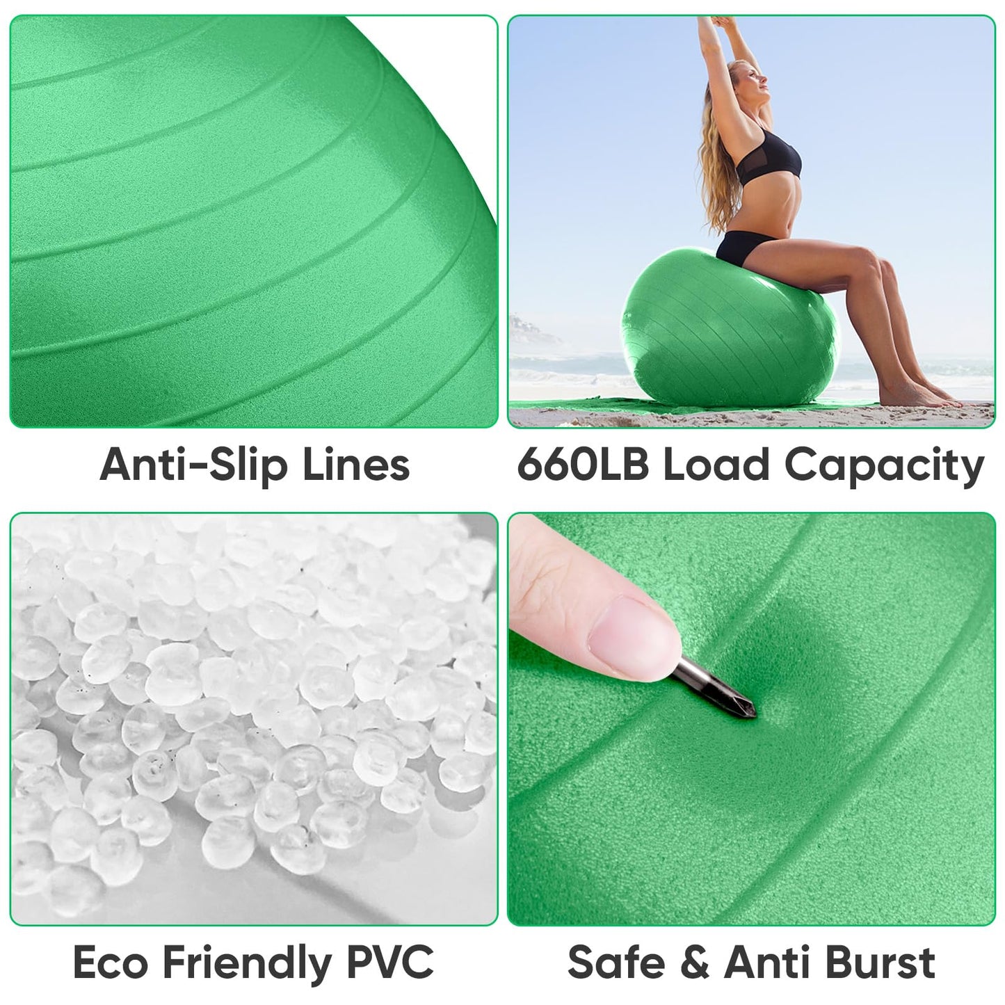 APEXUP Yoga Ball, 660 lbs Anti-Burst Exercise Ball with Pump, 5 Sizes (XL (27"~30") 75cm, Dark Green)