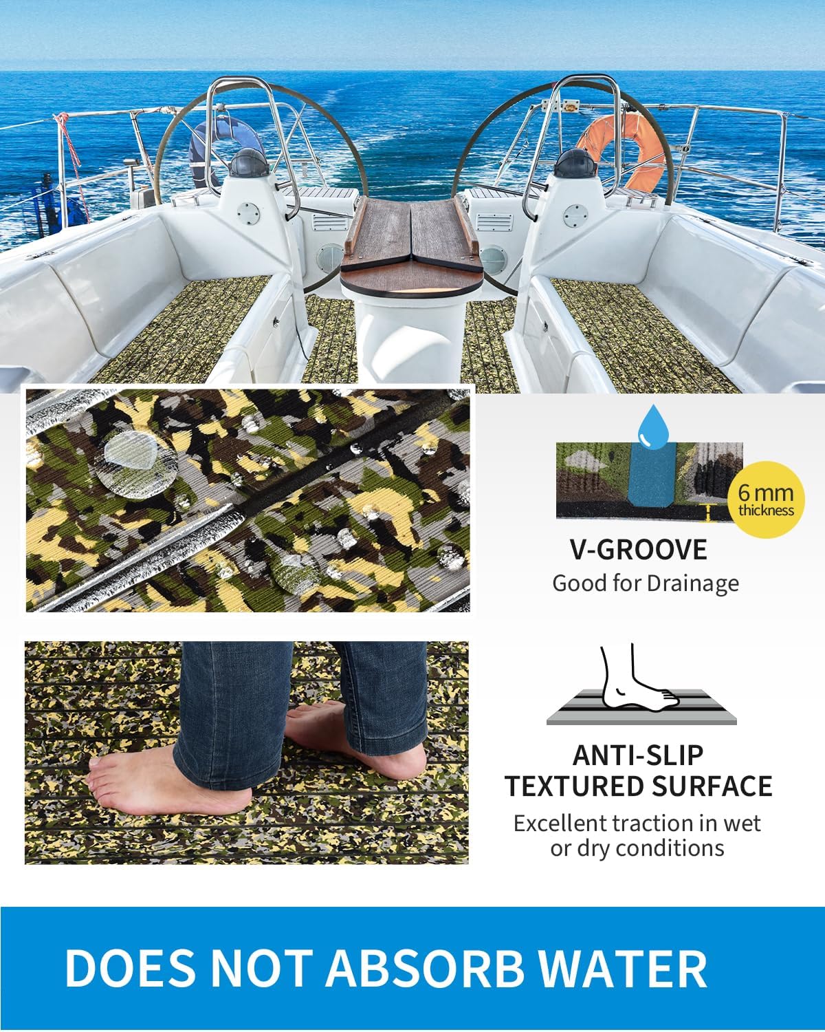OCEANBROAD 3M Self-Adhesive EVA Foam Camouflage Boat Flooring - Non-Slip Mat for Motorboats, 48''x16.8''