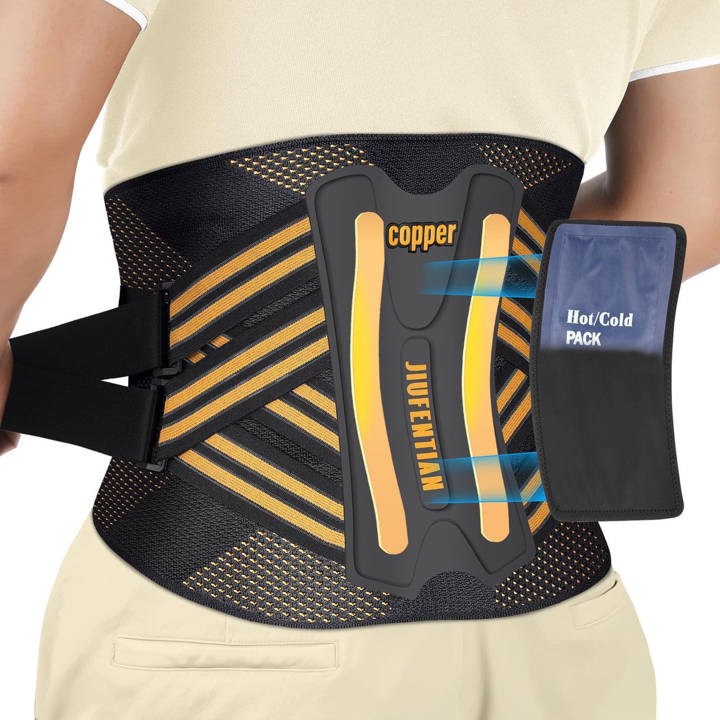 JIUFENTIAN Copper Lower Back Brace with Removable Dual Spine Rods & Therapy Pocket-Ultra Breathable for lower back pain Relief & Work Support(X-Large)