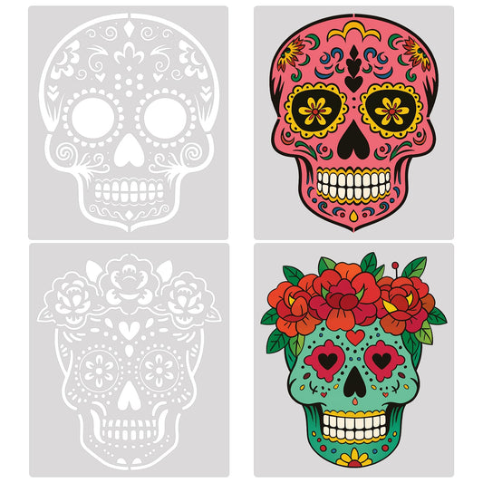 4pcs 12inch Sugar Skull Stencil Large Day of The Dead Painting Template Flower Pattern Skull Stencil Decoration for Holiday Halloween DIY Craft Wood Painting