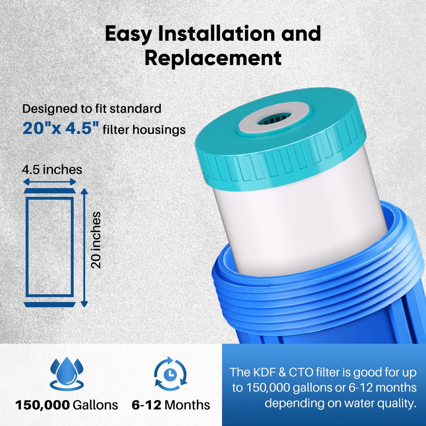 PUREPLUS 5 Micron 20" x 4.5" Whole House KDF/GAC Water Filter, Heavy Metal Removal Replacement Water Filter, RFN20BB-CKDF, 1PACK