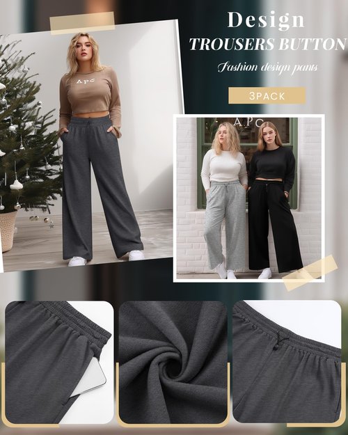 Evervibe 3 Pack Womens Plus Size Sweatpants Wide Leg Elastic High Waist Baggy Joggers Lounge Yoga Workout Pants with Pockets(Black, Light Mixed Gray, Dark Mixed Gray,XX-Large)
