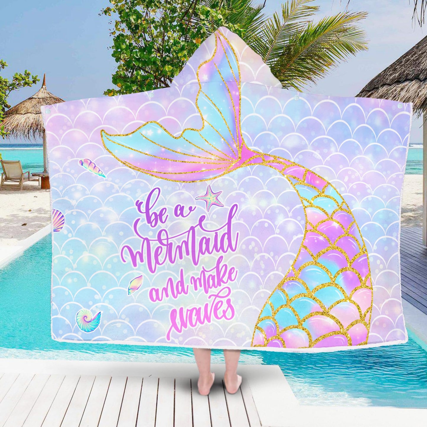 Mermaid Hooded Beach Towel for Girls - Kids Poncho Towel With Tail, Soft Absorbent Bath Towel With Hood, Pink Scales, 30"x50" - Bathrobe for Swim Pool Bath