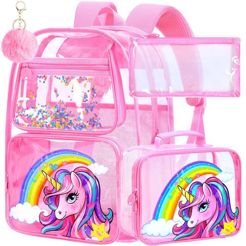 FTJCF 3Pcs Pink Clear Backpack for Girls, kids Transparent Bookbag, Heavy Duty PVC See Through Backpack Set(Pink Unicorn)