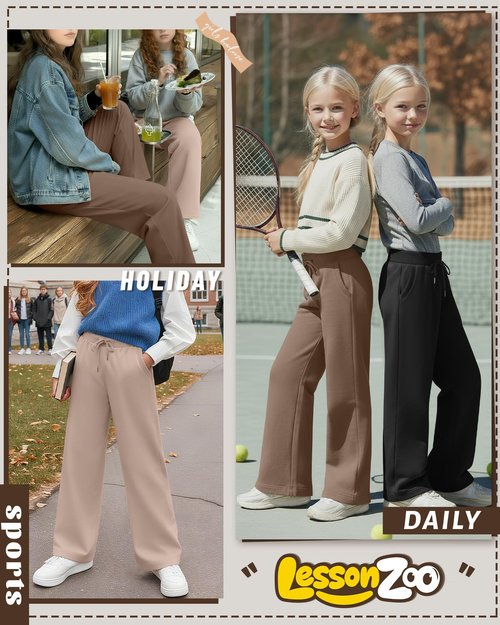 LessonZoo 3 Pack Girls Sweatpants Straight Leg Ribbed Waist Active Joggers Teens Athletic Pants with Drawstring and Pockets(Apricot, Dark Khaki, Black,Medium)