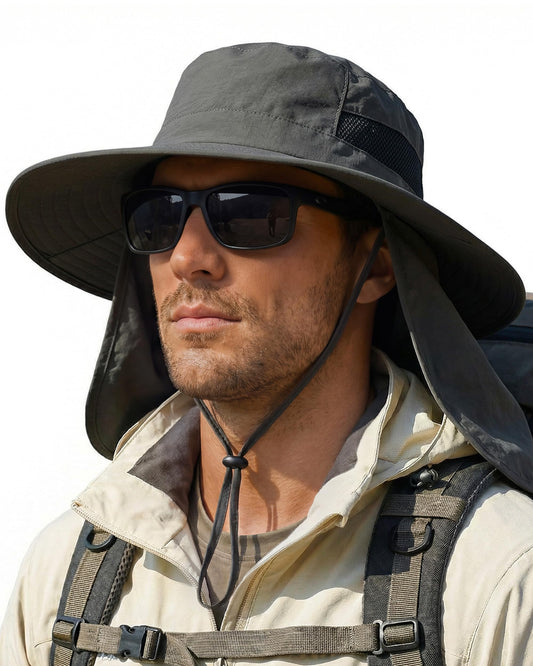 OLIKER Sun Hats for Men Wide Brim Bucket Hat with Neck Flap for Fishing & Hiking Mens Sun Hat for UV Protection (US, Alpha, One Size, Dark Grey)